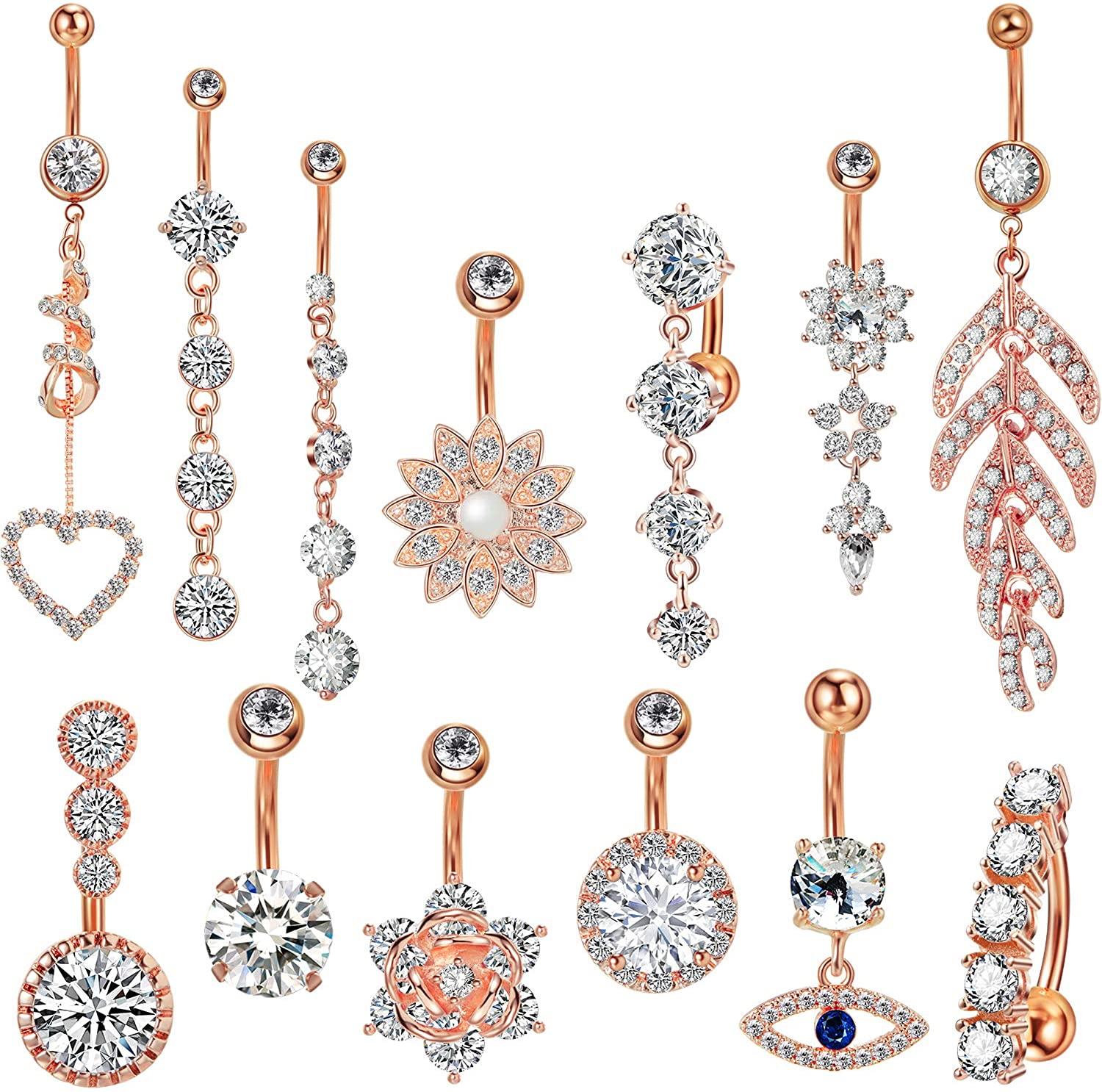 13 Pieces Stainless Steel Belly Button Rings Navel Barbells Dangle CZ