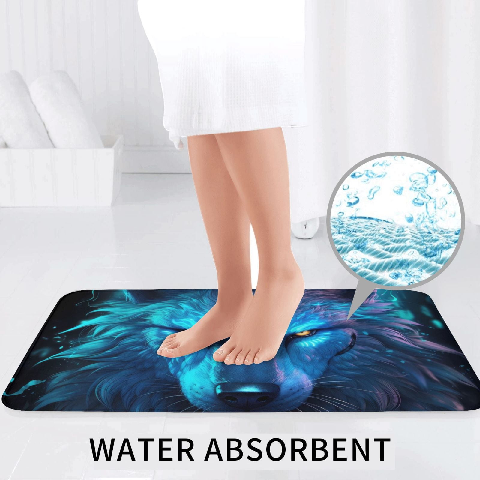 Bathroom Rugs Sets 3 Piece - Futuristic Blue Light Wolf Absorbent Non Slip Bath Mats, U-Shape Toilet Lid Cover, Contour Mat, Soft Washable Shower Mats Bath Rug Mat for Bathroom Tub Toilet