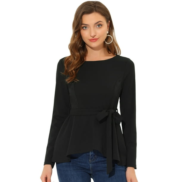 Women's Elegant Long Sleeve Knit Stretch Round Neck Tie Waist Flare Peplum  Top Black XS