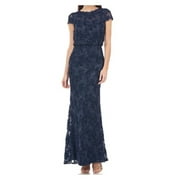 JS COLLECTION Womens Navy Lace Zippered Soutache Embroidered Gown Short Sleeve Crew Neck Maxi Formal Blouson Dress 4