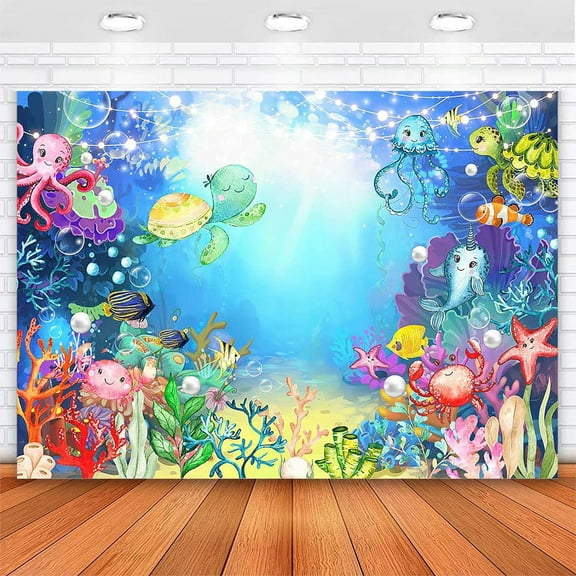 Under The Sea Theme Pretty Backdrop Under The Sea Party Decorations Cartoon Underwater World Backdrop Ocean Theme Baby Shower Party Cake Table Decoration
