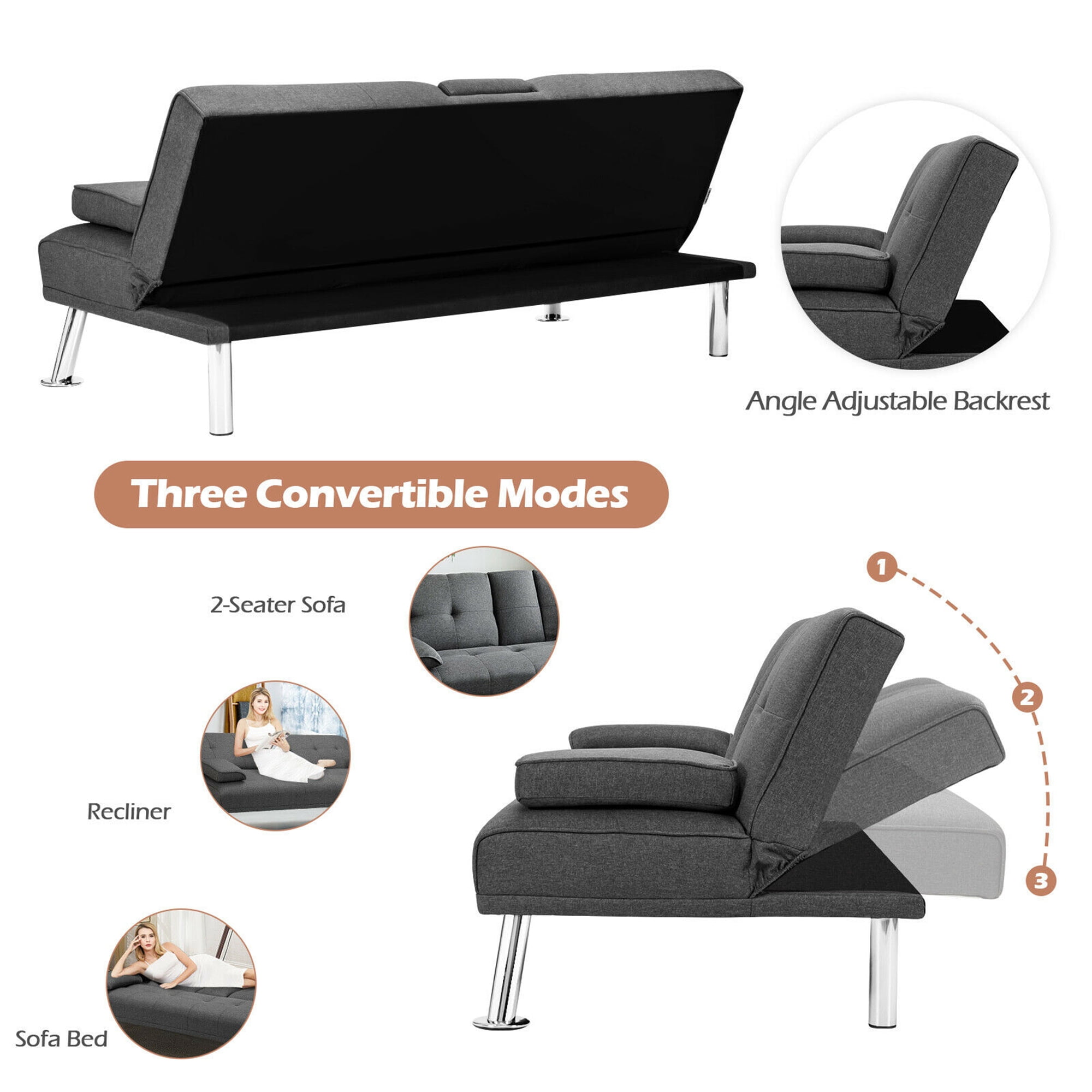 Gymax Folding Futon Sofa Bed Fabric w/2 Cup Holders Dark Gray