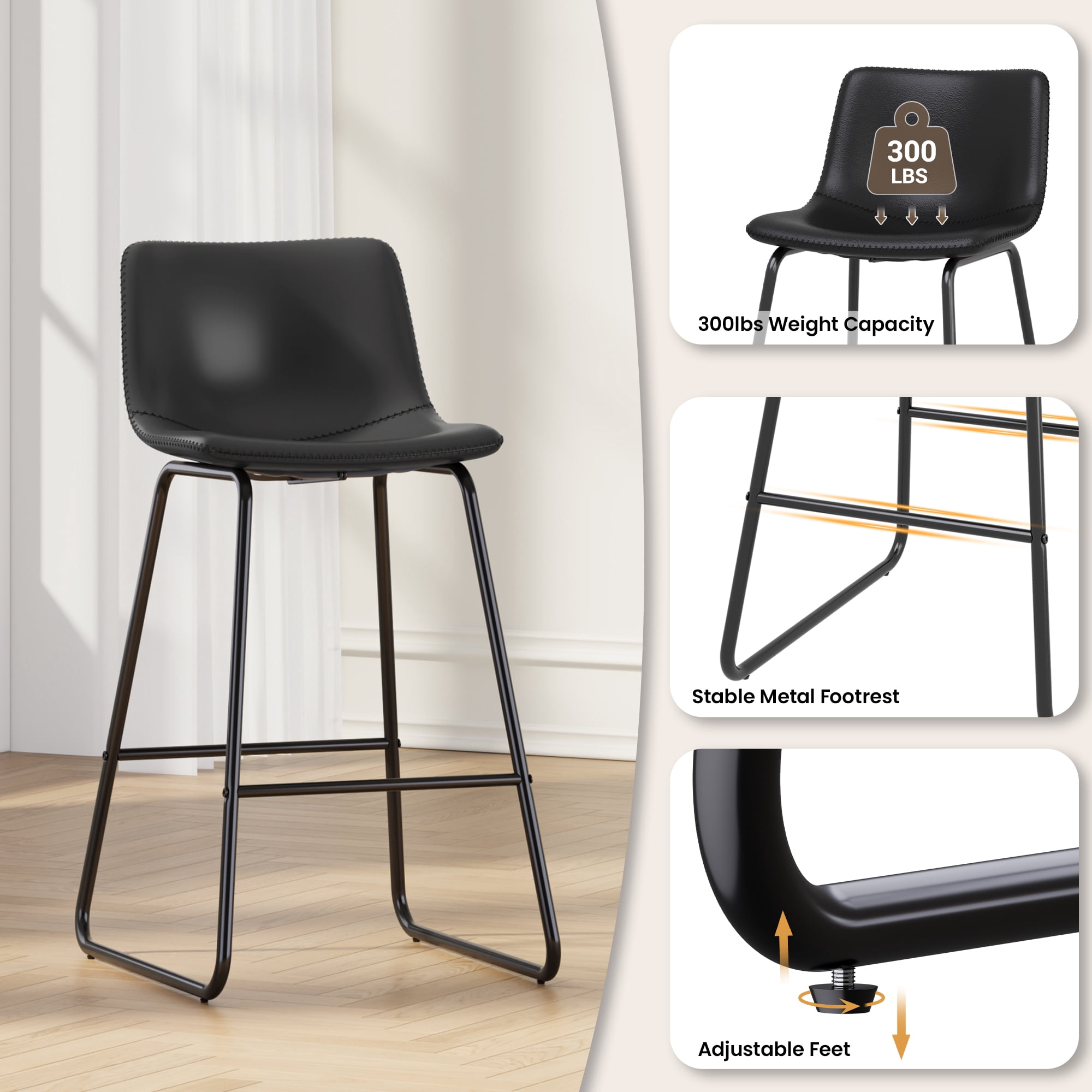 Aufeile 26" Counter Height Bar Stools Set of 2 – Modern Faux Leather Barstools with Back & Metal Legs, Kitchen Bar Chairs for Island, Dining Room, Black