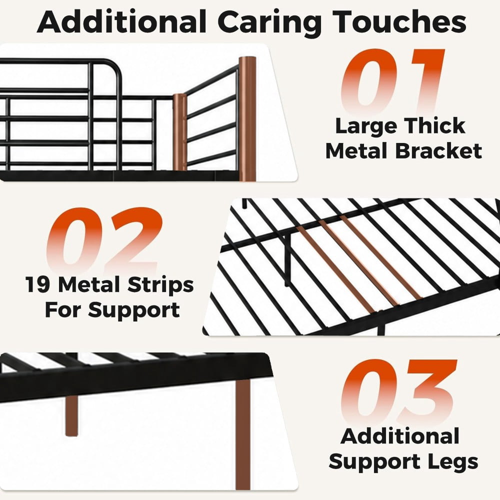 Twin Over Full Bunk Bed, Heavy-Duty Metal Frame with 990 lbs Bottom Capacity, High Guardrails, Quiet Slats, 3-Step Ladder, No Box Spring, Black