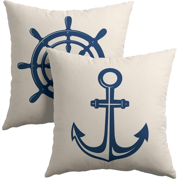 Beige Nautical Pillow Covers Navy Blue Coastal Anchor Helm Navigation Pattern Decorative Pillowcase Summer Ocean Theme Throw Pillow Cover for Home Sofa 2Pack Inch