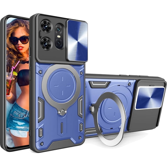 for Motorola Edge 50 Pro Case with Magnetic Ring Kickstand, Rugged Military Grade Shockproof Heavy Duty Case with Slide Camera Lens Cover for Motorola Edge 50 Pro JS-Blue