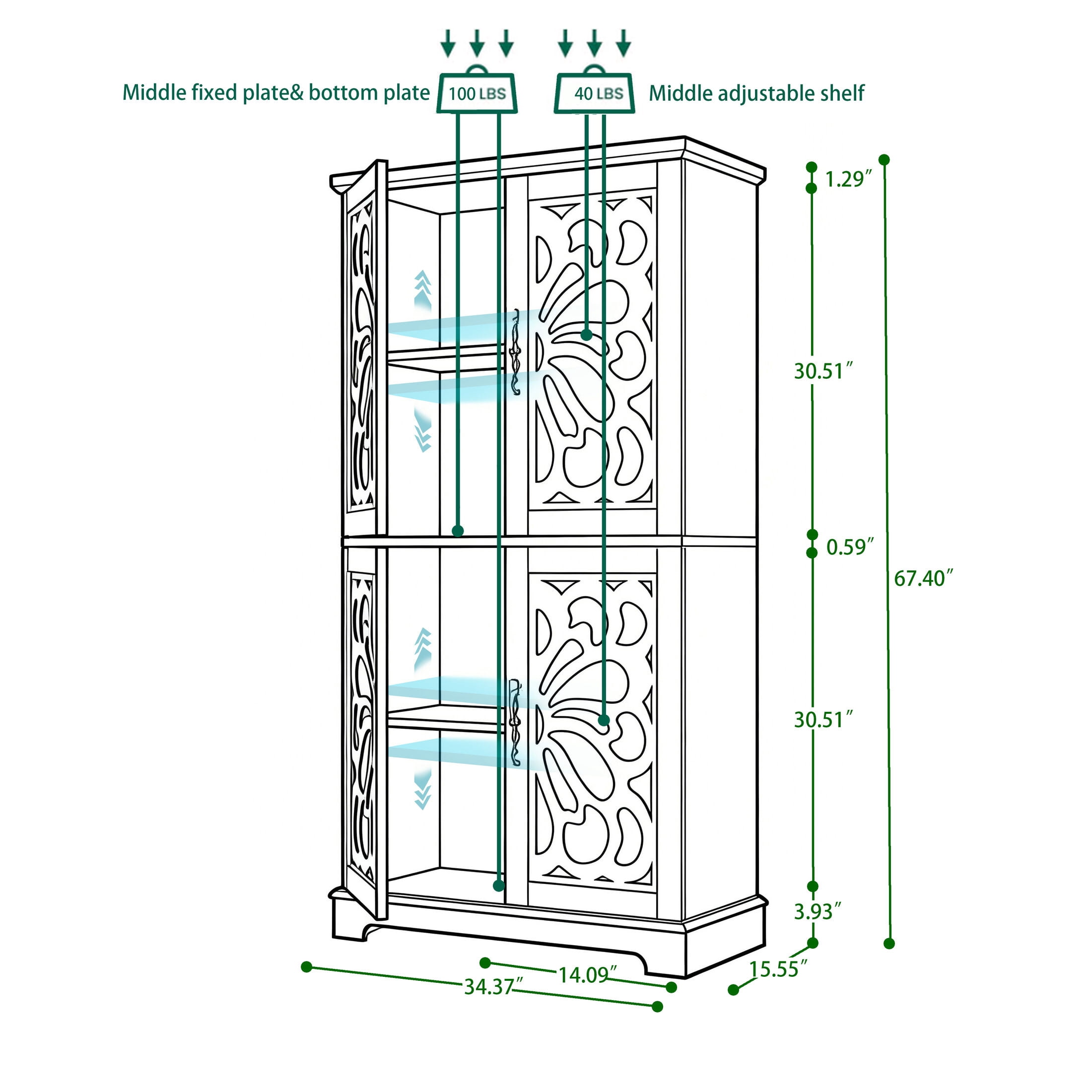 GDF Studio Danus 4-Door Acrylic Mirrored Sideboard Cabinet, Rustic Hollow-Carved Storage Cupboard for Kitchen, Dark Brown