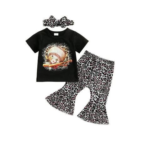 

jaweiwi Baby Toddler Girls Summer Outfits 3M 6M 9M 12M 18M 24M Baseball Print Short Sleeve T-Shirt and Leopard Flare Pants Headbands Clothes Set
