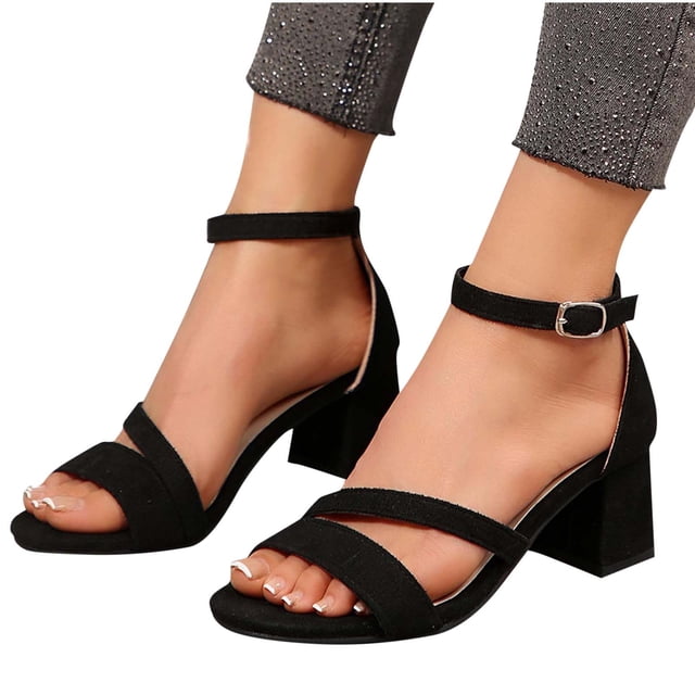 Heel Sandals for Womens Block Chunky Heel Adjustable Ankle Strap Open Toe Non Slip Casual Summer Straps Sandals Black