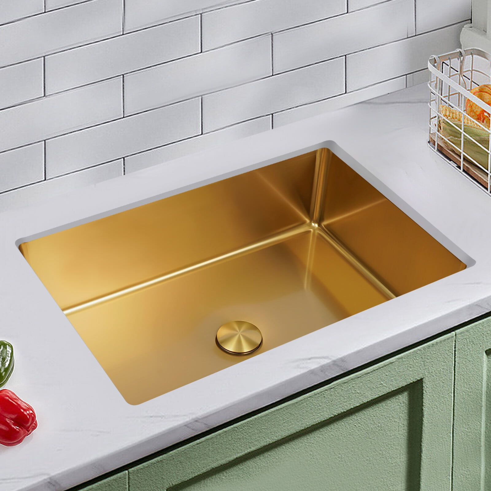 Commercial Stainless Steel Sink, 21.65x14.96x5.31in Golden Finish, 6.07 Gal Capacity with Pop-Up Drain, for Utility Rooms