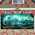 thumbnail image 3 of 13X6 ft Happy Halloween Garage Door Decoration Background Horror Green Cemetery Backdrop Halloween Scary Grave Banner Full Moon Scary Night Castle Pumpkins Backdrops Creepy Party Decor Banner Cover, 3 of 5
