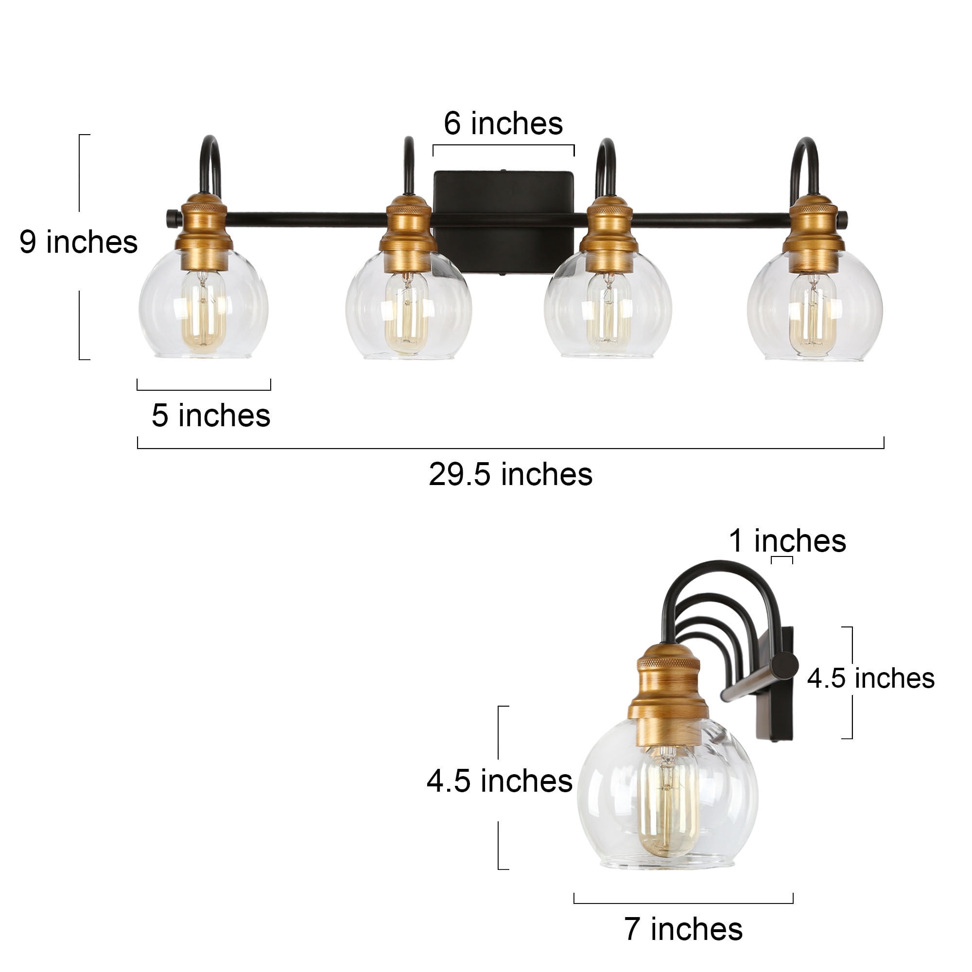 LNC 4-Light Modern/Farmhouse Matte Black and Gold And Globe Clear Glass LED Vanity Light For Bathroom
