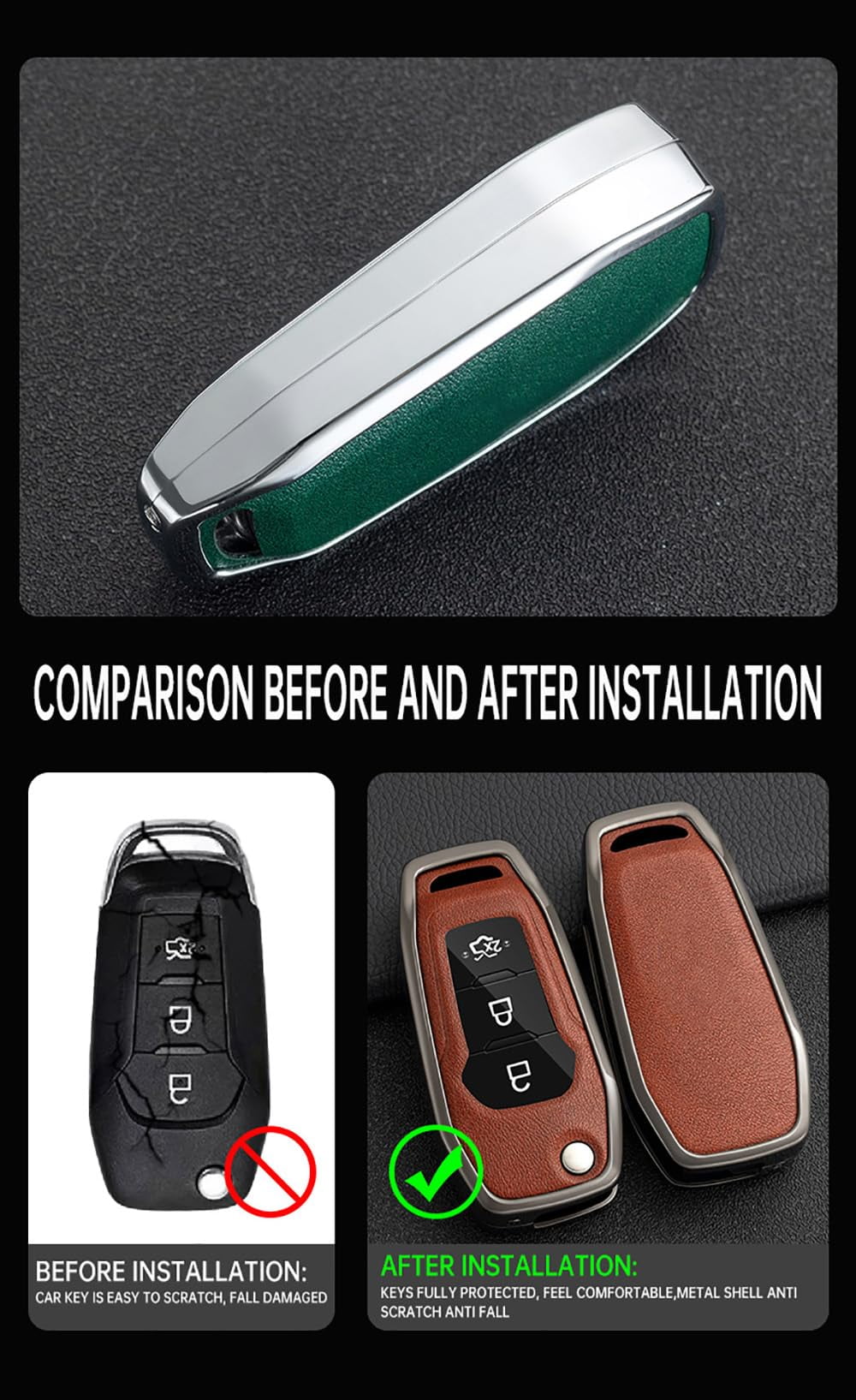 3-Button Car Key Bag Fit for Ford Flip Folding Key Remote Key Fob Cover for EcoSport Escort Explorer F-150 F-250 F-350 F-450 F-550 Super Duty Mondeo Ranger Titanium Car Accessories