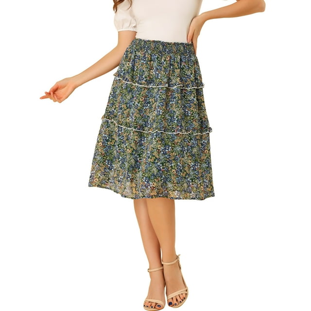 Unique Bargains Women's Floral Print Flowy Tiered Ruffle Skirt Dark Green M