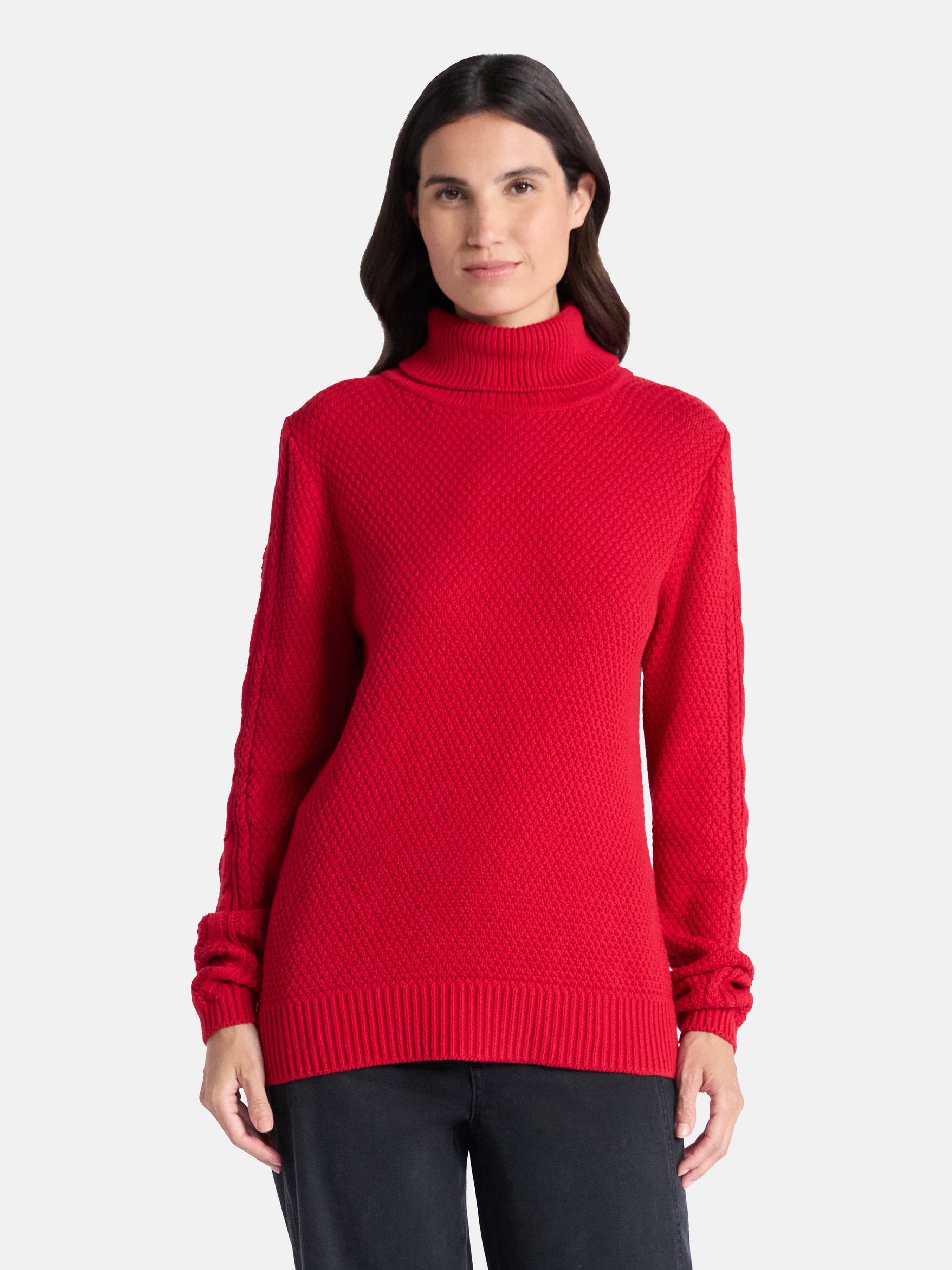 Time and Tru Women’s and Women’s Plus Turtleneck Sweater with Cable Sleeves, Midweight, Sizes XS-4X
