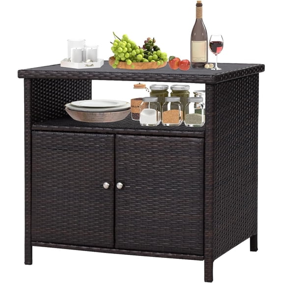 JSUN7 Outdoor Wicker Storage Cabinet - Patio Bar Table with Storage and Doors, Rattan Console Table Buffet Cabinet, Outdoor Storage Unit for Patio, Pool, Garden, Indoor, Kitchen, Dark Brown