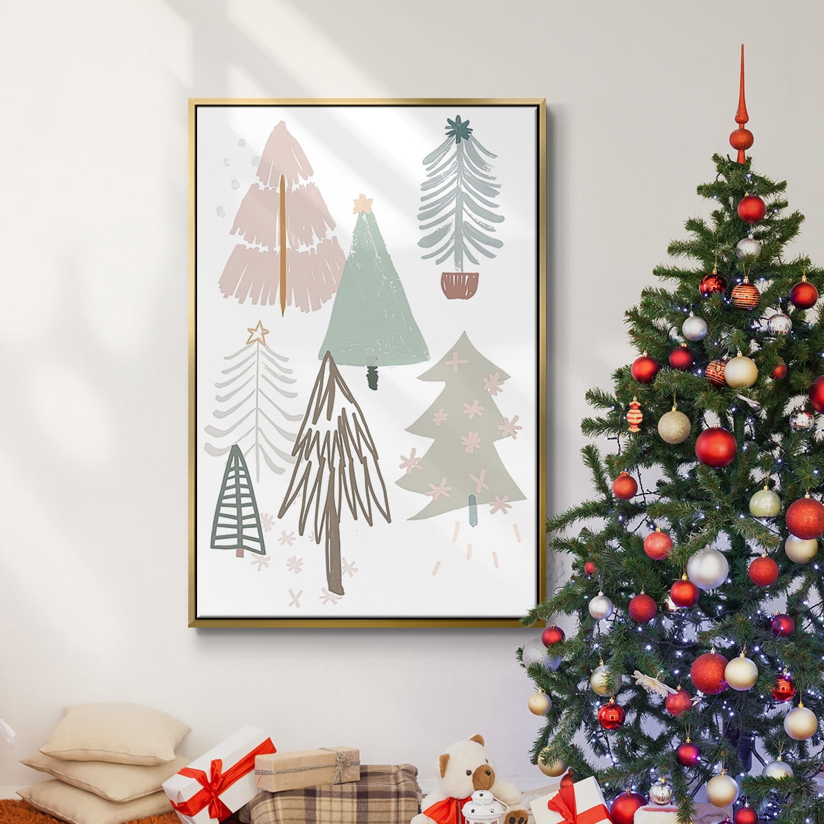 Christmas Tree Sketchbook Collection B - Framed Gallery Wrapped Holiday Canvas - 25 x 37 - Gold Frame