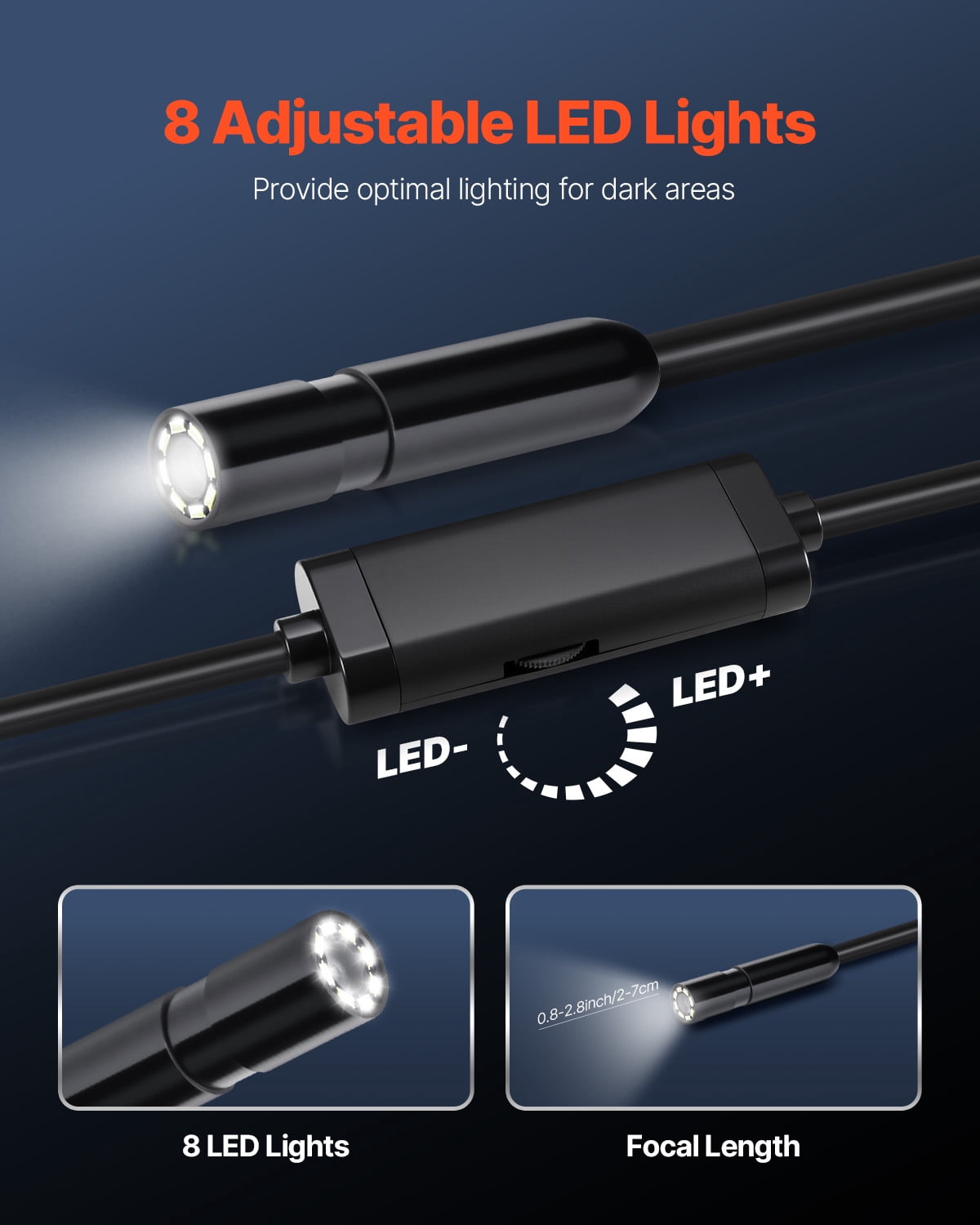 VEVOR Endoscope Camera with 49.2FT Semi-Rigid Cable, 1920P HD Borescope for Android & IOS, Industrial Inspection Camera with Light - 8 LED, 2X Zoom, IP67 Waterproof Snake Camera for Auto, Plumbing
