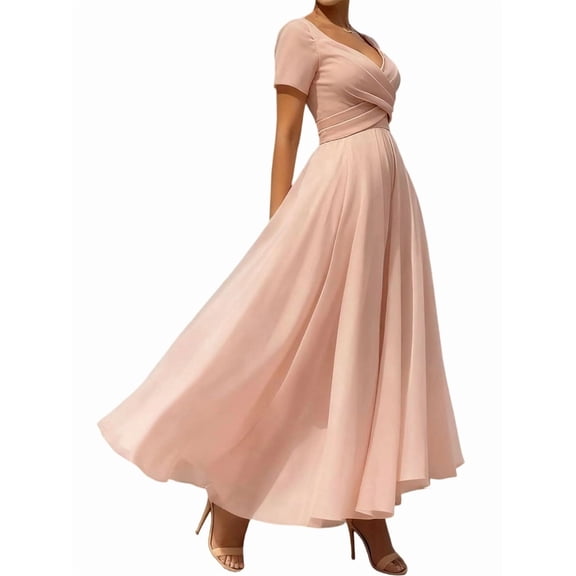 Elegant V-Neck Chiffon Maxi Dress for Women - Crisscross Tie Detail for Weddings and Parties Pink XL