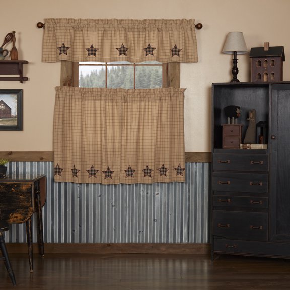 VHC Brands Bingham Star 3 PC Soft Black Curtain Set (1 Valance 16x72 and 2 Tier 36x36)