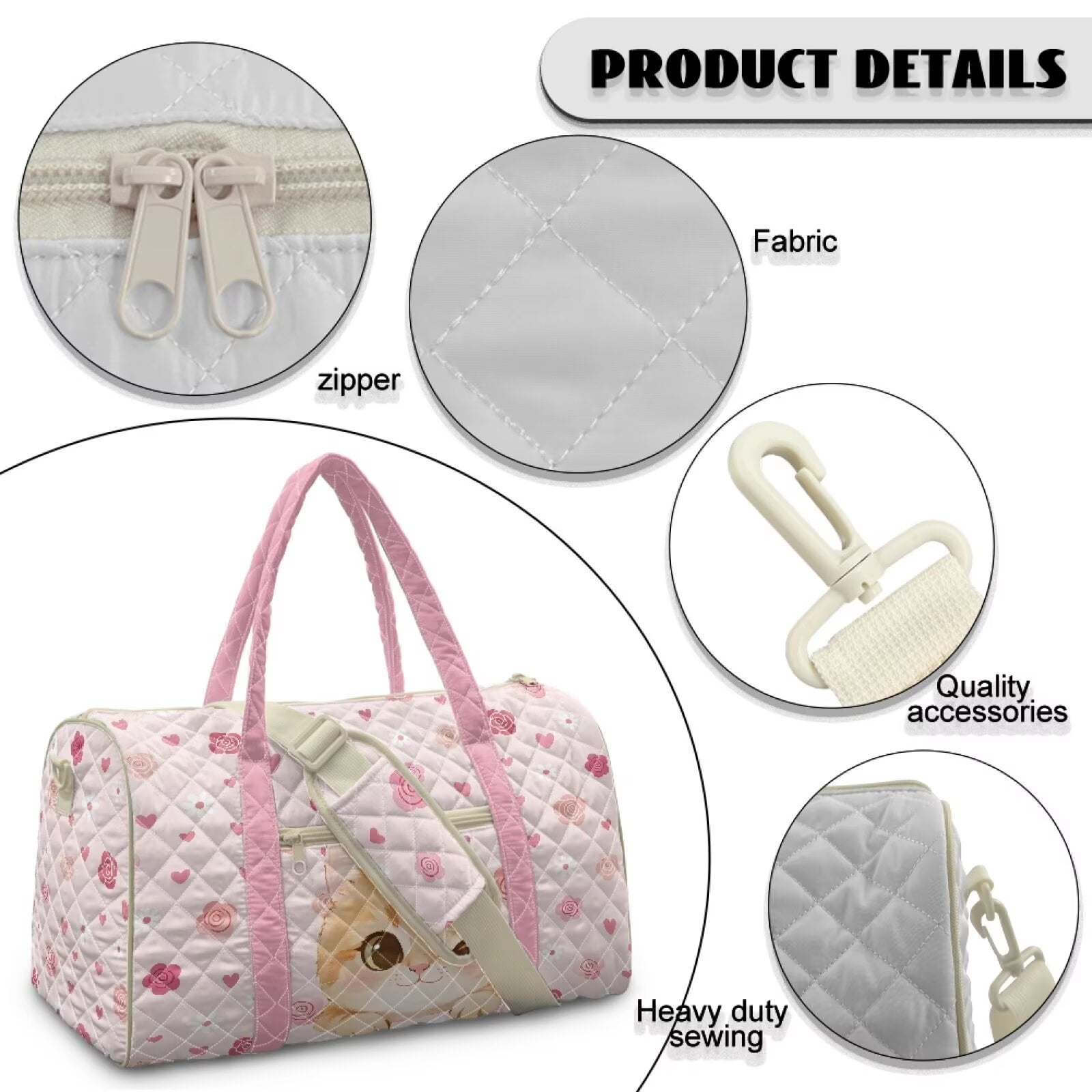 Garronmavis Cute Pink Cat Print Large Quilted Duffle Bag for Women, Weekender Travel Overnight Carry On Gym Dance Bag with Zipper Pockets for Travel, Work