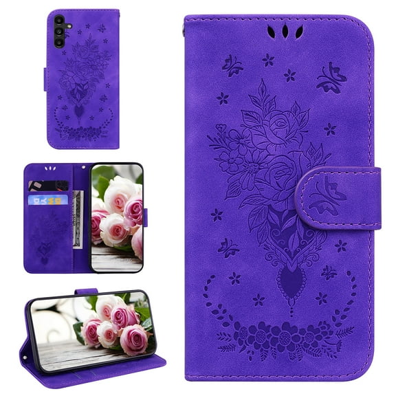 For Samsung Galaxy A13 Case 4G , Butterfly Embossed Pattern PU Leather Magnetic Folio Flip Kickstand Protective Cards Pocket with Hand Strap Wallet Cover For Samsung Galaxy A13 4G,Purple