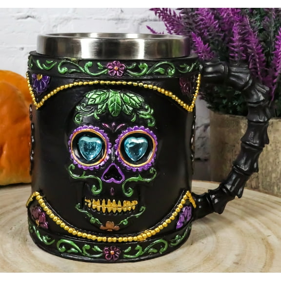 Gothic Black Day of The Dead Sugar Skull Mug Silhouette In Bright Floral Colors