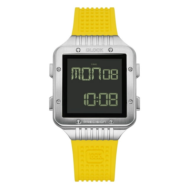 Reloj Glock Precision para hombre con caja de acero plateado y correa amarilla