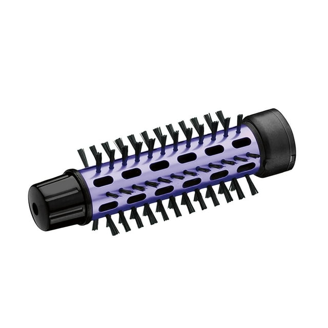 conair 2-en-1 hot air curling combo cepillo curl de 1.5 pulgadas y cepillo de cerdas de aluminio de 1 pulgada Barril reemplazable en vista 3/4 con núcleo metálico morado perforado y filas de cerdas negras de nylon, punta fría y extremo de montaje negros; diseñado para crear rizos definidos y mayor volumen, también suele usarse para dar cuerpo a mechones finos.