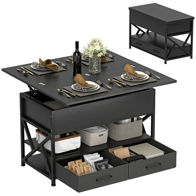HOMCOM Table Basse Relevable, Table Centrale avec Compartiments Cachés, Noir