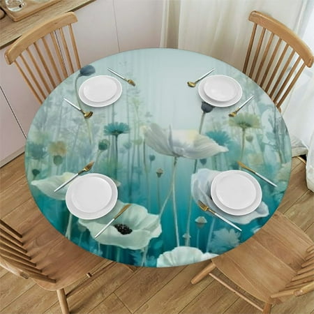

Palnkart Flowers Grass Blue Background Round Table Cover Stain Resistant Washable Indoor Outdoor Tablecloth Kitchen Dining Wedding Parties 100% Polyester Fiber 54-58