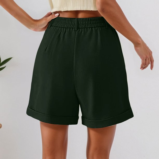 MKLEKYY Pantalones Cortos de Vestir de Cintura Alta para Mujer con Pliegues, Bolsillos Laterales y Espalda Elástica, Cómodos, Transpirables, Informales, para Viajar, Verano, Primavera y Otoño.