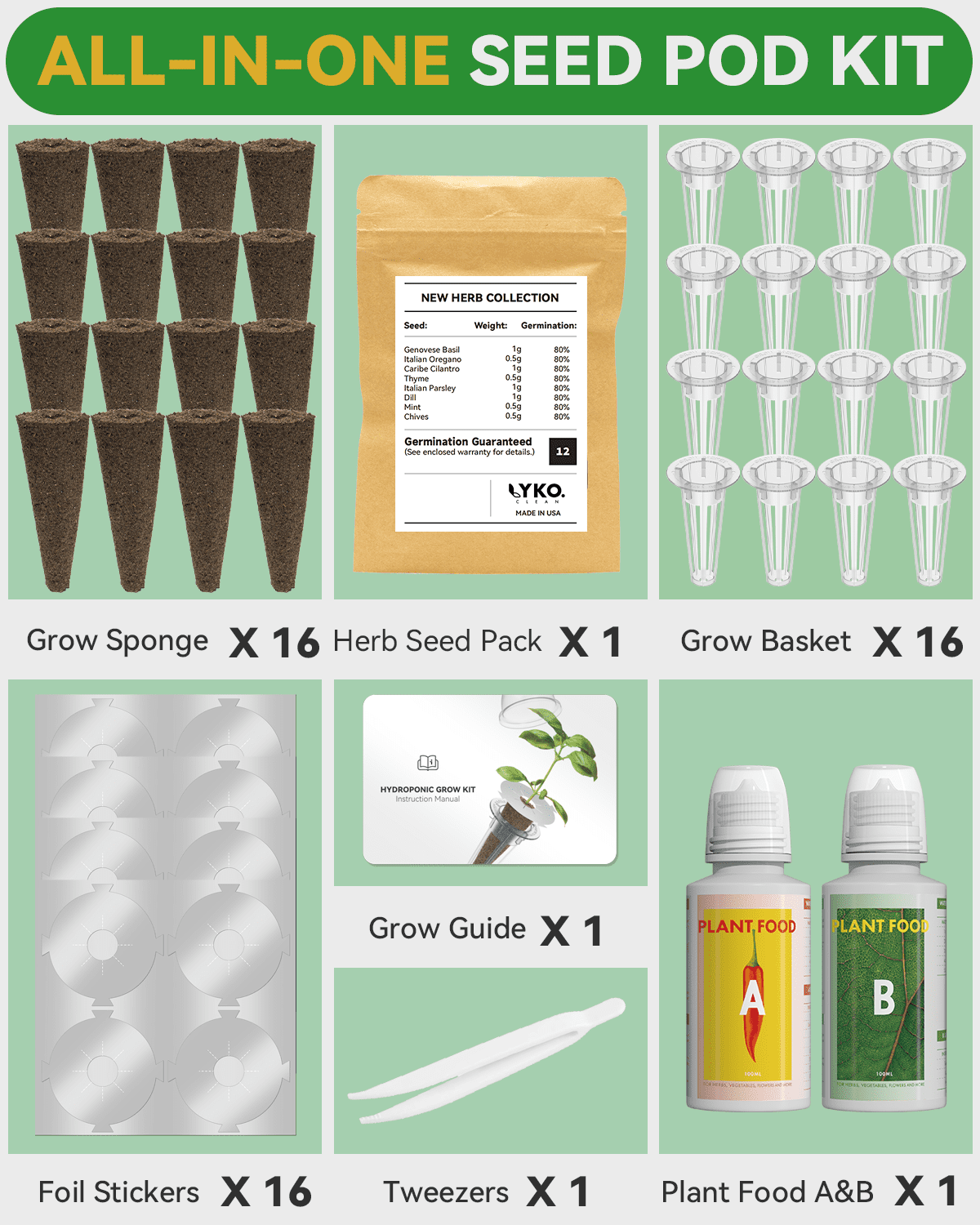 Gourmet Herb Seed Pod Kit Compatible with AeroGarden, idoo, Ahopegarden, Gardencube with Basil, Parsley, Thyme, Mint, Cilantro, Dill, Oregano, Chives - Compatible with All Hydroponics(16-Pod)