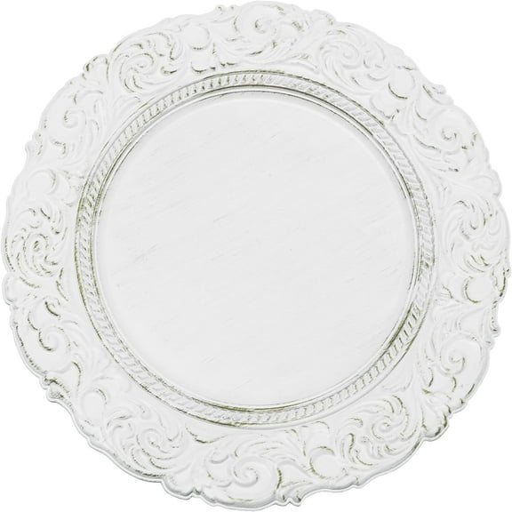 Simply Elegant Antique Look Plastic Charger Plate | Service Plate for Parties, Dinner, Weddings, Quinceaneras and Events | 13 inch Diameter | White- Gloss Finish | Set of 24