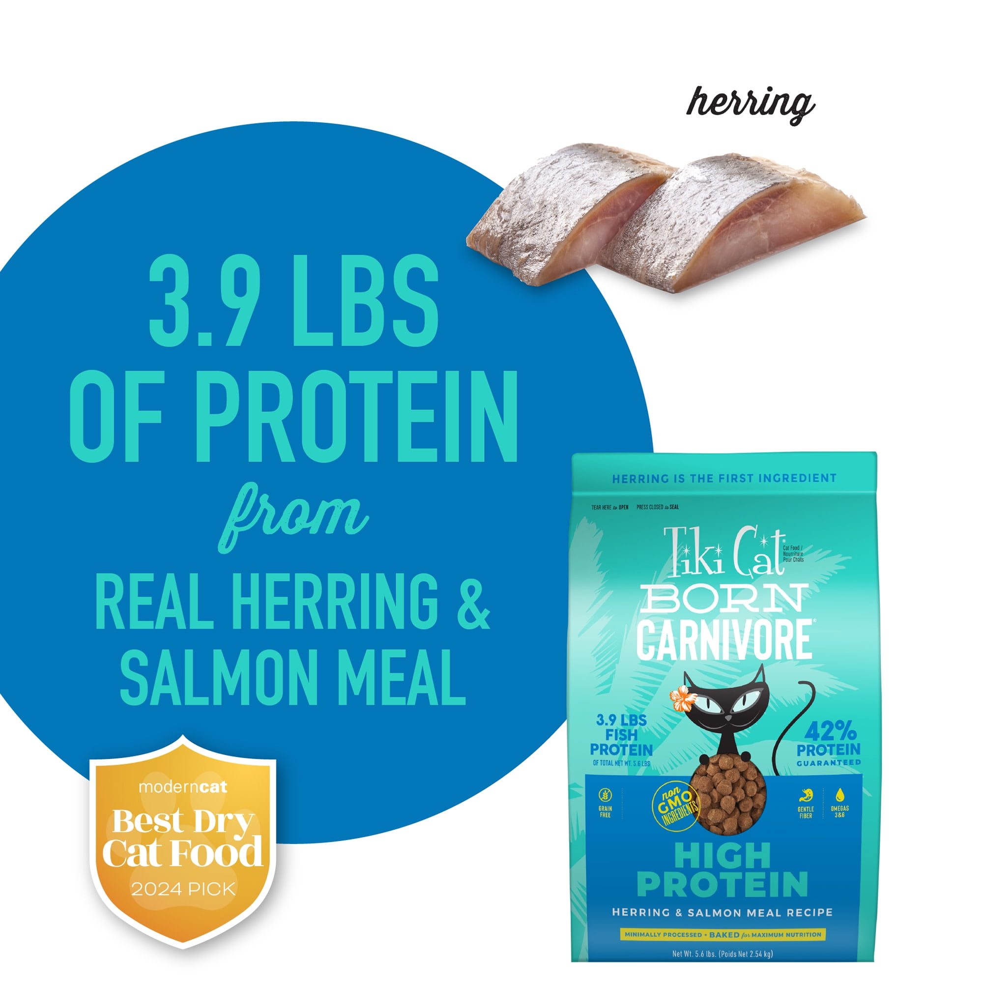 (2 pack) Tiki Cat Born Carnivore High Protein Dry Cat Food, Herring & Salmon Meal, 5.6 lbs. Bag