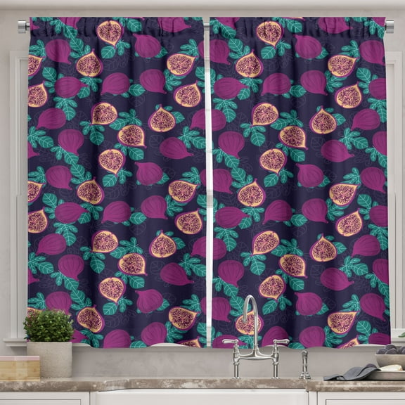 Ambesonne Food Art Kitchen Curtains, Tropical Figs and Leaves, 55"x36", Dark Magenta Petrol Blue