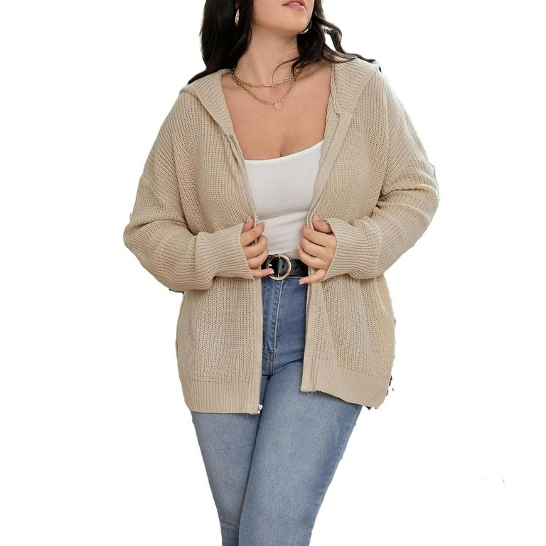 Casual Plain Hooded Long Sleeve Khaki Plus Size Cardigans (Women's