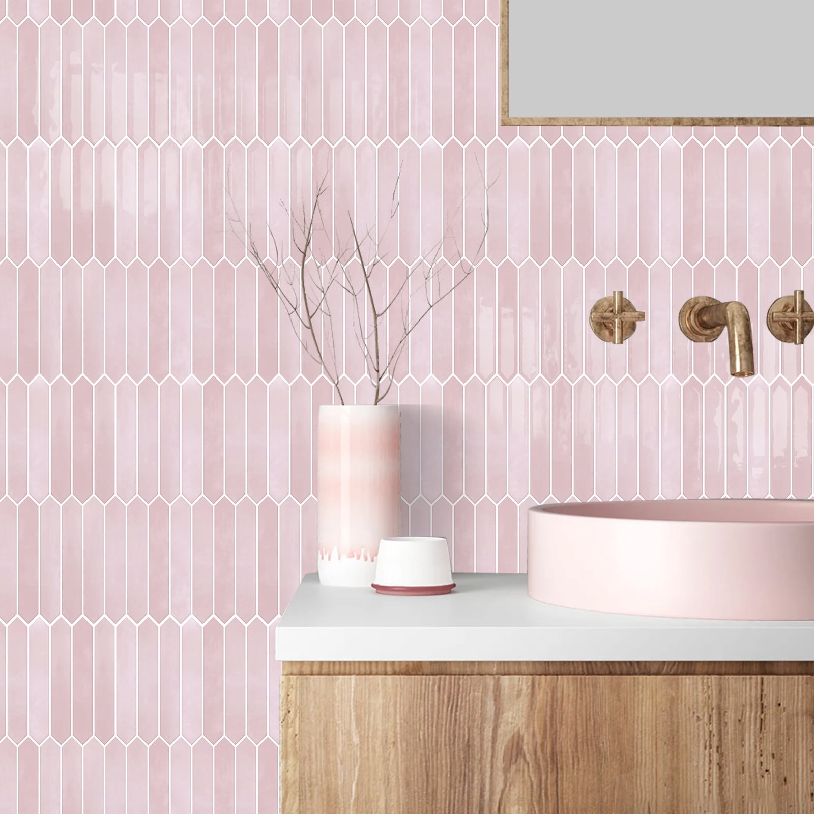 DEWOO Pink Long Hexagon Tile Peel and Stick Backsplash, 10 Sheets Self-Adhesive Wall Tiles Stick on Back Splash for Kitchen, Bathroom, Fireplace,RV(12"×12")