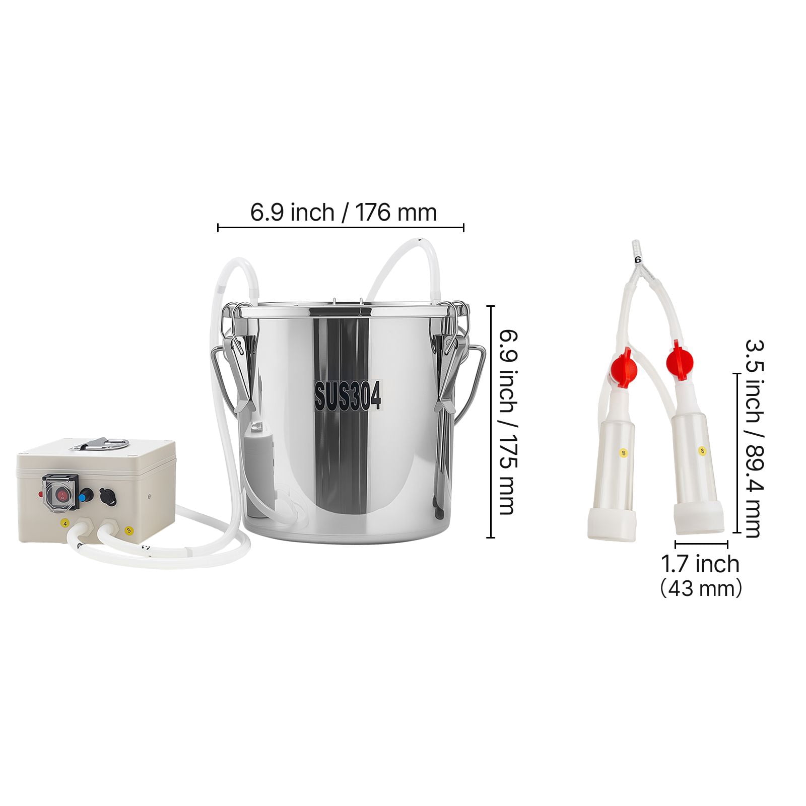 Cordless Goat Milking Machine with 5200mAh Battery, 0.8 Gal Stainless Steel Bucket, 2 Teat Cups, Adjustable Suction 35-45 kPa