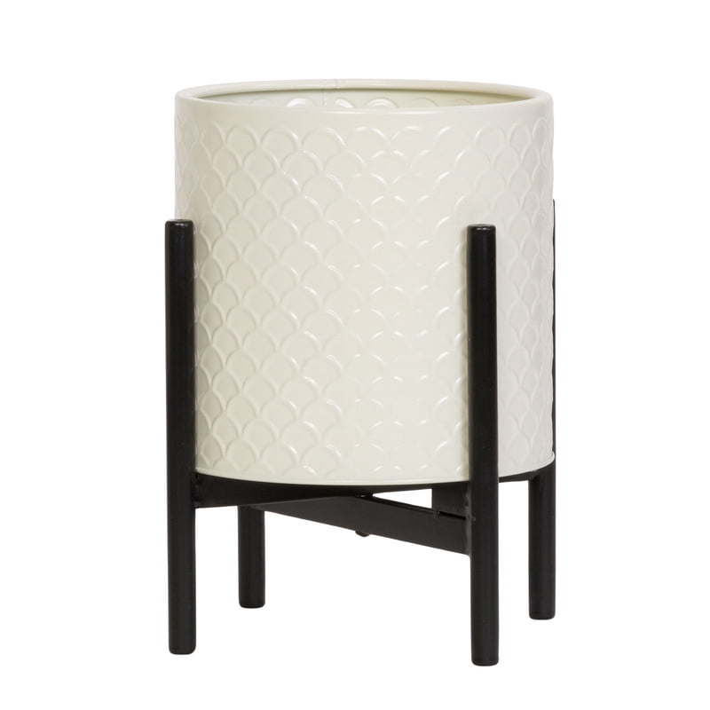 Modern Metal Planter Pot With 4-Leg Black Metal Base - Beige - 12"H x 9.5"W