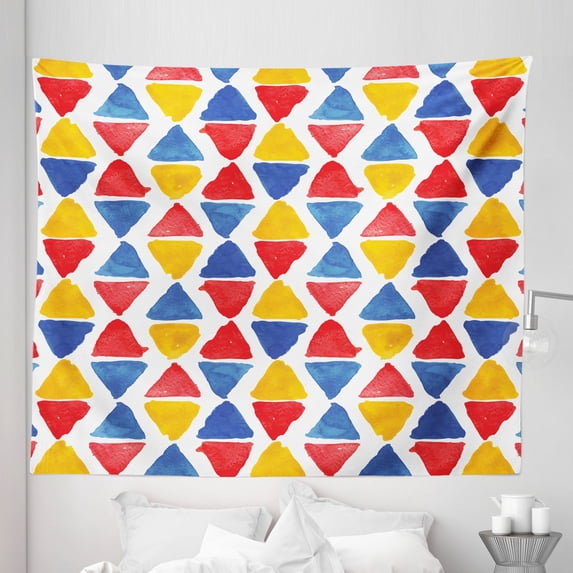 Geometric Tapestry, Watercolor Look Abstract Hand Drawn Geometric Triangles Pattern, Fabric Wall Hanging Decor for Bedroom Living Room Dorm, 5 Sizes, Mustard Dark Coral and Blue, by Ambesonne