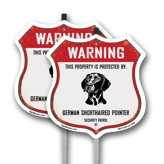 Warning This Property is Protected by German Shorthaired Pointer (2 Pack) 12 inch X 12 inch Shield Shaped Commercial Grade Plastic Signs with Aluminum Mounting Stakes Weather Resistant
