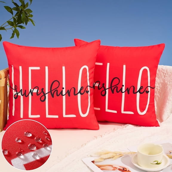 Outdoor Pillow Covers 18x18 Inch Set of 2 Hello Sunshine Decor Red Waterproof Throw Pillow Covers Summer Outdoor Waterproof Pillow Covers Decor for Patio Funiture Garden Sofa Couch 020A18