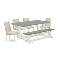East West Furniture V-Style 6-piece Wood Dining Set with Bench in White/Cream