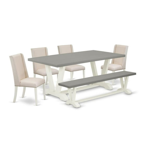 East West Furniture V-Style 6-piece Wood Dining Set with Bench in White/Cream