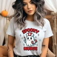 thumbnail image 2 of Spooky Nurse Shirt Cute Halloween Ghost Nurse Graphic Tee, Heliconia, Size L, 2 of 6