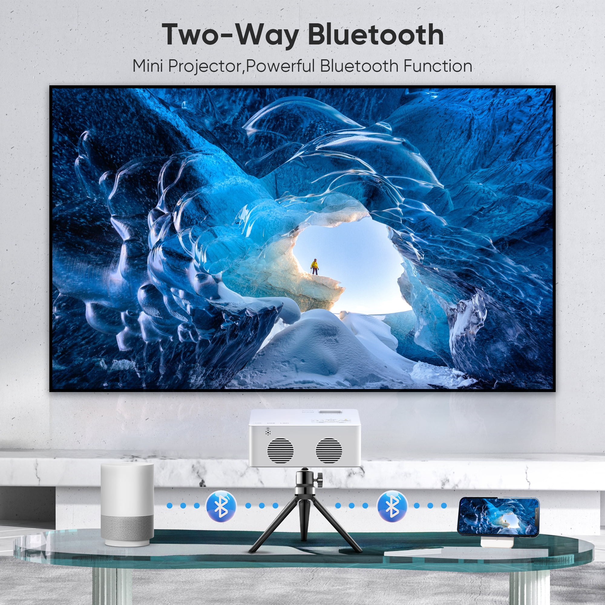 Faltopu Mini Bluetooth Projector with Tripod, 9500LM Full HD 1080P Portable Home Theater Projector ,Support 250"Display