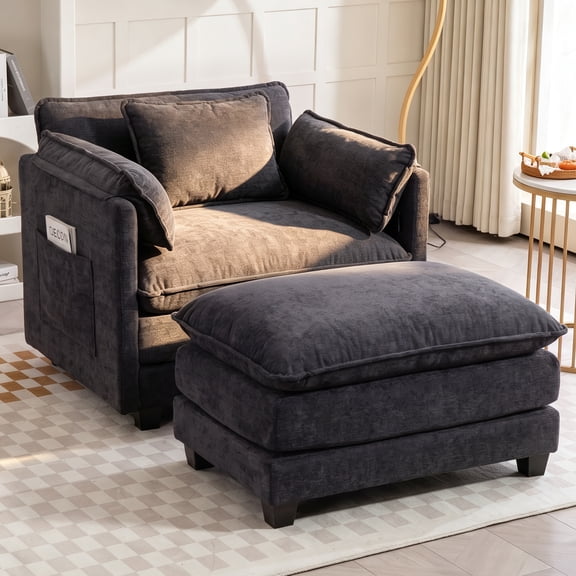 39.76" Oversize Accent Chair wirh Ottoman Armchair Set with Side Pocket