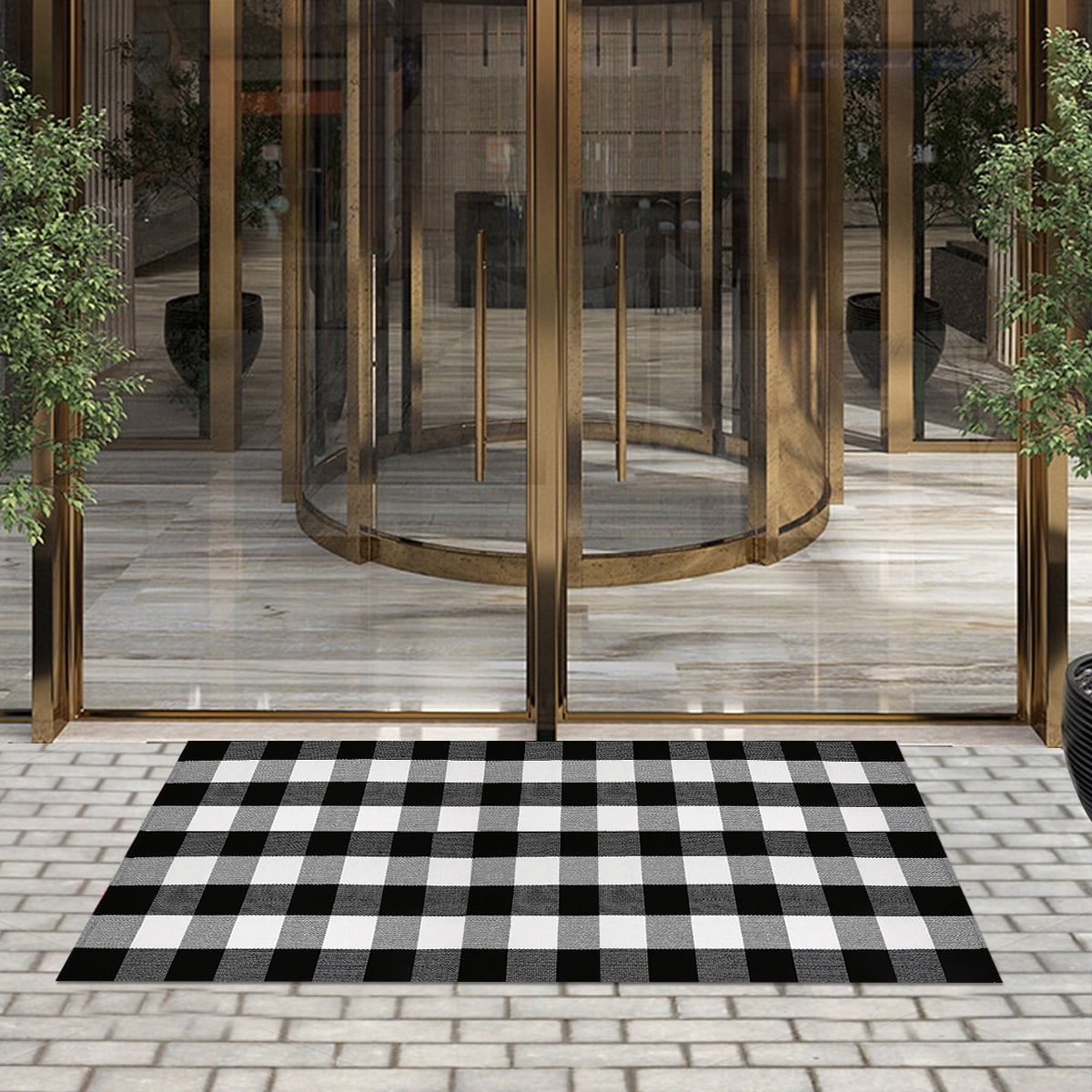 Black and White Outdoor Porch Rug, Cotton Indoor Plaid Rug, Washable Doormat for Entryway, 36"x59"