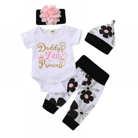 

HOT DEALS! Summer Baby Girl Short Sleeve Letters Print Romper Tops + Floral Trousers with Headband and Hat Outfits Clothes Set